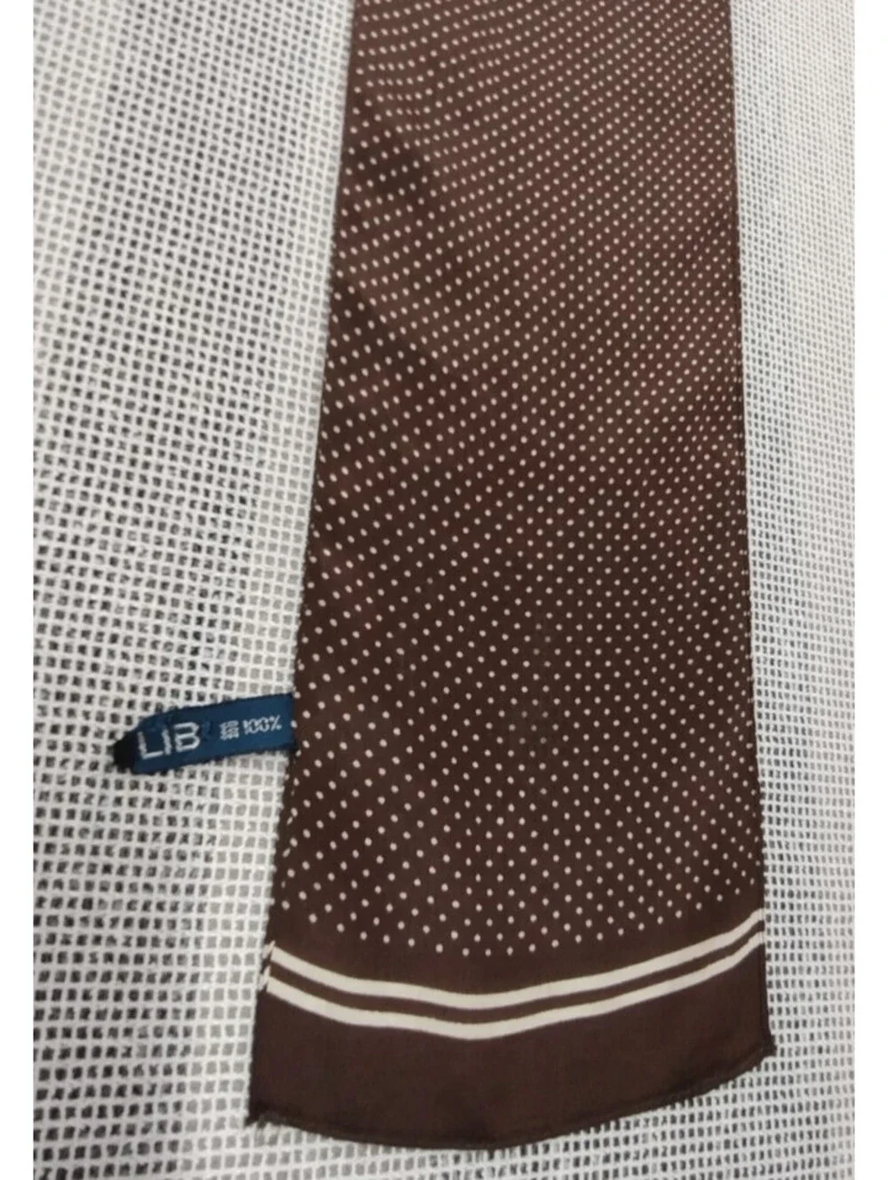 Vintage 1970s 80s Skinny Long Silk Scarf LIB Chocolate Brown Cream Dots Polka